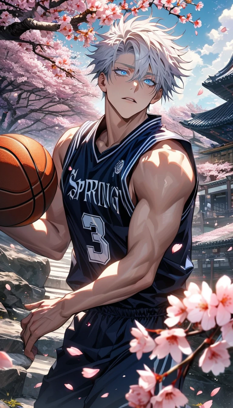 Ultra detailed, Highres, HDR, absurdres, Gojo Satoru, white hair with bangs, hair between the eyes, expressive blue eyes, white eyelashes, patterns, Jujutsu Kaisen, sexy man, handsome, solo, extremely detailed face and eyes, petals, blossoms, spring, master piece, basketball uniform, cherry blossoms