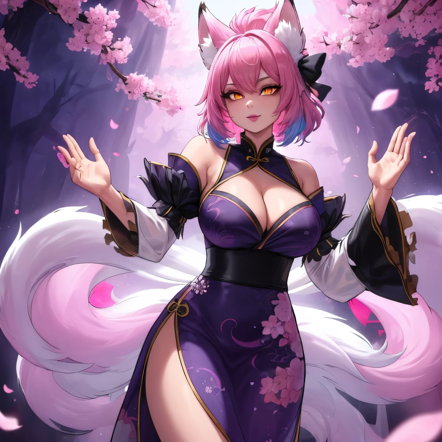 (masterpiece:1.2),ultra-detailed,hazy lighting, vibrant colors, glowing eyes, female kitsune with fluffy fox ears, has multiple fox tails, has flowing pink hair with blue highlights, wearing a black and pink sakura themed chinese dress, surrounded by cherry blossom petals, feint aura, off kilter pov, has bright yellow eyes. deep v neck, showing cleavage, posing comfortably, solo, alone, action pose (SOLO)(ALONE) has blue hair, wearing light makeup, wearing lipstick, waving and dancing