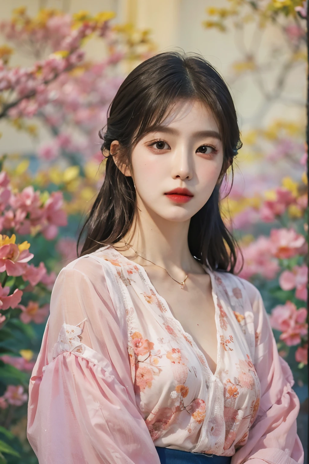 Portrait of a Korean woman with a dreamy background, (Highly detailed facial expressions), Fashionable Korean women, 