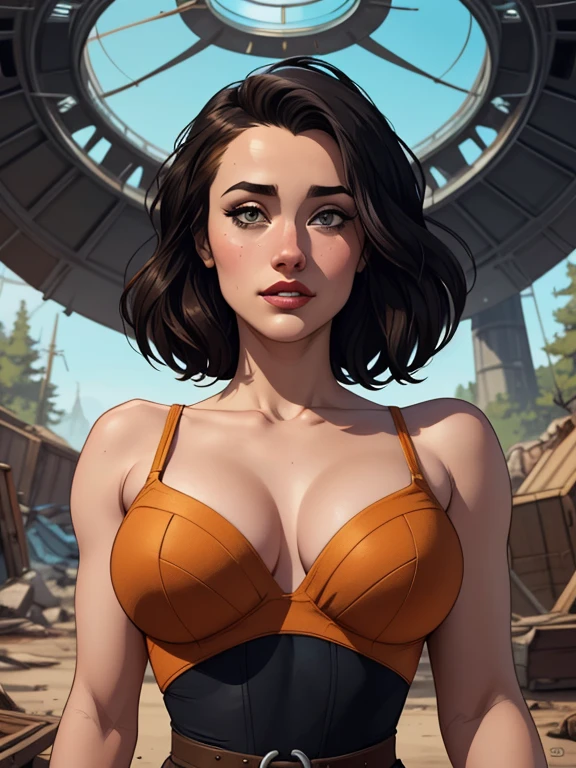 Personagem mulher estilo atompunk Fallout 4 cabelos pretos  atriz Ella Purnell com marcas de guerras Imagem de desenho animado de uma mulher .Ilustracaoo estilo desenho animado, estilo de arte dos desenhos animados, estilo de arte dos desenhos animados, digital illustration style, estilo atompunk design de personagens altamente detalhado, arte digital detalhada coragem,actress Ella Purnell with black hair slim body Forest fan art, Design de cabelos pretos personagens de retrato, beautiful digital illustration, retrato de alta qualidade, Arte em quadrinhos, s . Eyelined eyes, medium bust and wonderful sexy clothes. image expression of sexual desire from waist to head illustration atompunk style Fallout 4 The perspective is from below, enfatizando a majestade e o poder da Gigante."atriz Ella Purnell cabelos pretos