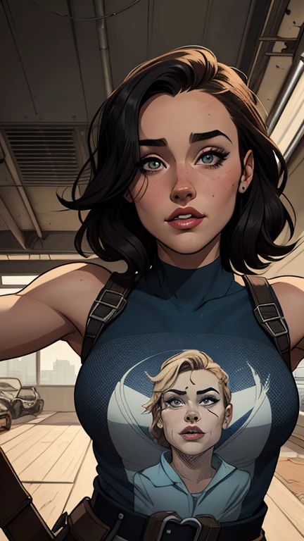 Personagem mulher estilo atompunk Fallout 4 cabelos pretos atriz Ella Purnell com marcas de guerras Imagem de desenho animado de uma mulher .Ilustracaoo estilo desenho animado, estilo de arte dos desenhos animados, estilo de arte dos desenhos animados, digital illustration style, estilo atompunk design de personagens altamente detalhado, arte digital detalhada coragem,actress Ella Purnell with black hair slim body Forest fan art, Design de cabelos pretos personagens de retrato, beautiful digital illustration, retrato de alta qualidade, Arte em quadrinhos, s . Eyelined eyes, medium bust and wonderful sexy clothes. image expression of sexual desire from waist to head illustration atompunk style Fallout 4 The perspective is from below, enfatizando a majestade e o poder da Gigante."atriz Ella Purnell cabelos pretos
