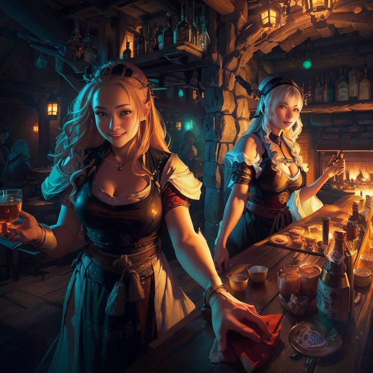 Two women in medieval costumes standing at a bar, fantasy Izakaya background, in a Medieval Tavern at night, Near the fireplace in a fantasy tavern, Inside the izakaya, Fantasy RPG book illustration, Then Martin, Izakaya background, Tavern Pirates, Izakaya Nightlife, Medieval Tavern, Then Martin artwork portrait, Dungeons&dragons fantasy art, A multifaceted cozy izakaya