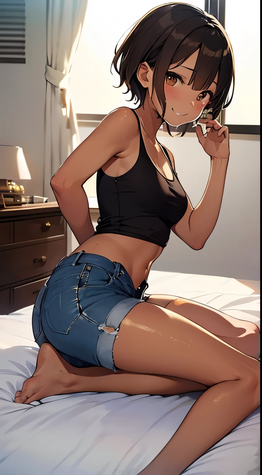 highest quality、Elementary school student bra、Beige shorts、Cool look、Stretch your legs in the room、Armpit sweat、Grass、Ecstasy face,(Attractive person), (girl1name), (Highly detailed face, smile) ,, (日本のgirl), Slightly round face, (Tan brown face:1.6), cute, Big eyes、2D,highest quality,(masterpiece),(((whole bodyが映る))),(((whole body))),Aya Shameimaru,Super Short Hair,((Black Hair)),Healthy brown skin,((Denim hot pants)),「cheap」In a pink tank top,Shining bare feet,barefoot,Beautiful brown eyes,Attractive thighs,Sloppy body type,Bedroom,get drunk,Upward glance,cheeks are bright red,あざでcute,Sexy as hell,Erotic look,whole bodyに汗の大きな滴,humid,Sleep with your legs stretched、My Room、(Lie down in bed.),Side View Angle,Angle to emphasize the buttocks