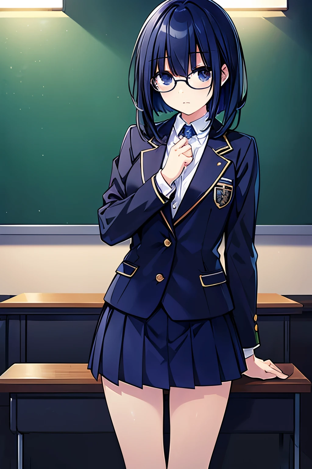 Masterpiece, best quality, 1girl, finely detailed, dark blue hair, short and scuare hair with choppy cuts, black eyes, sweet, cold look, use glasses, expressionless clothes: student uniform, inside a school in the background