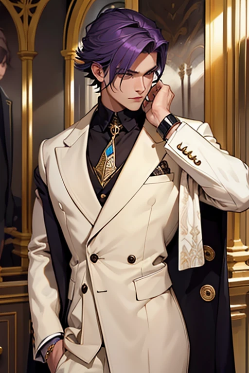 Ele veste roupas elegantes e sob medida, made from the best materials and with impeccable cuts. His style is understated, mas refinado, reflecting their position of power and influence. Wriothesley is always adorned with high-quality accessories, like finely crafted watches and elegant cufflinks, that add a touch of sophistication to your image. com cabelo roxo