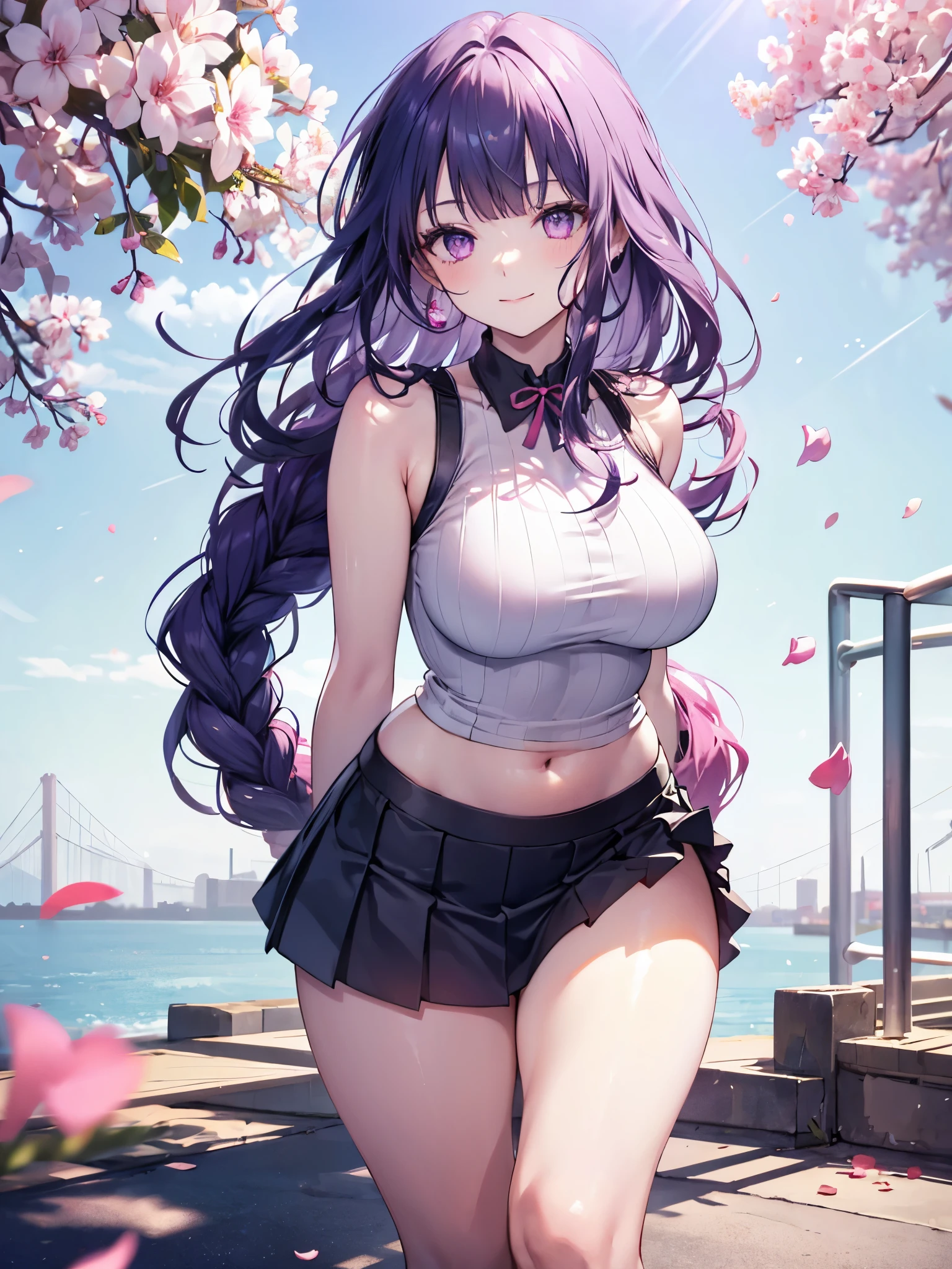 realistic image, coherent image, detailed image, 1 beautiful girl. She has braided purple hair that goes behind her back and a hairpin on the right side of her. Pink violet eyes, long eyelashes. Her face is oval and delicate. smiling seductively. She is wearing a sleeveless top, showing her navel, pleated mini skirt. She has a curvy body, big breasts and thick thighs. She has her arms hidden behind her back, showing her breasts. view of her full body. cherry petals falling. natural lighting in front, volumetric lighting