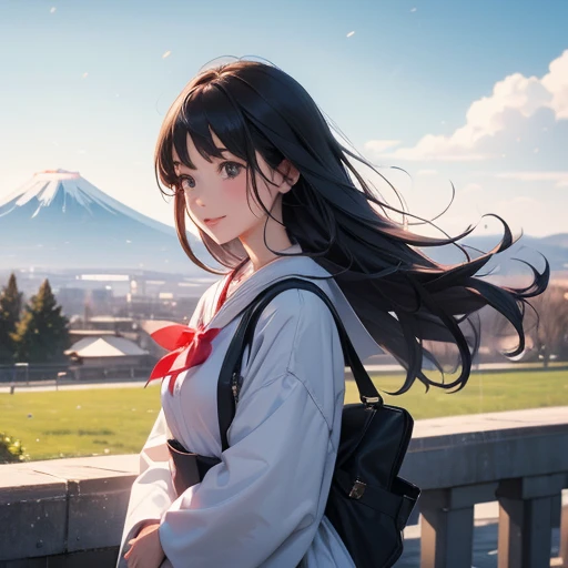 best quality, masterpiece,
outdoors,
a high school girl with a book and a schoolbag,
wearing a long-sleeved Japanese mitakihara ,
smile, cute, face fully visible, serafuku,
Background,
blue Morning glory,
(only one large and big mount Fuji:1.2)