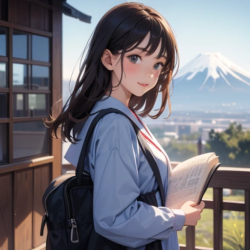 best quality, masterpiece,
outdoors, 

a high school girl with a book and a schoolbag,
wearing a long-sleeved Japanese mitakihara , 
smile, cute, face fully visible, serafuku,


Background,

blue Morning glory, 
(only one large and big mount Fuji:1.2)