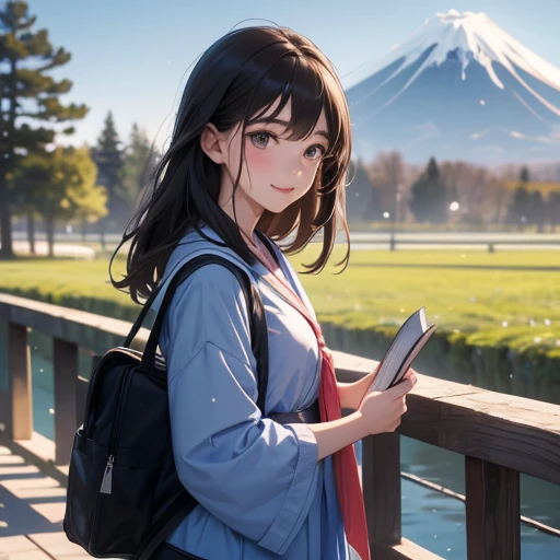 best quality, masterpiece,
outdoors,
a high school girl with a book and a schoolbag,
wearing a long-sleeved Japanese mitakihara ,
smile, cute, face fully visible, serafuku,
Background,
blue Morning glory,
(only one large and big mount Fuji:1.2)
