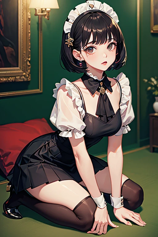 (masterpiece, highest quality, highest quality, Official Art, Cosmetology and aesthetics: 1.2), Bobcut, Black Hair,Short skirt maid outfit, Crossdresser,Cute, delicate and short, On all fours,I&#39;m cleaning,Turning her back,Composition with the back visible,Luxury House,corridor