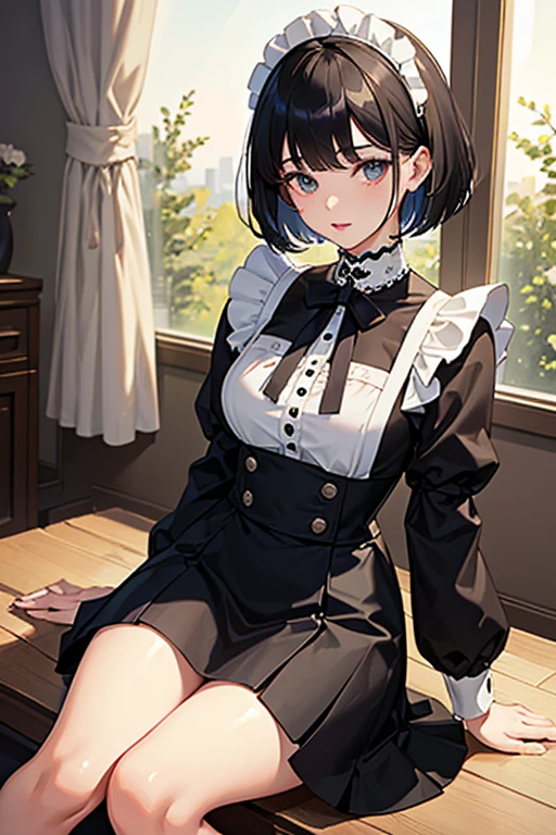 (masterpiece, highest quality, highest quality, Official Art, Cosmetology and aesthetics: 1.2), Bobcut, Black Hair,Short skirt maid outfit, Crossdresser,Cute, delicate and short, On all fours,I'm cleaning,Turning her back,Composition with the back visible,Luxury House,corridor
