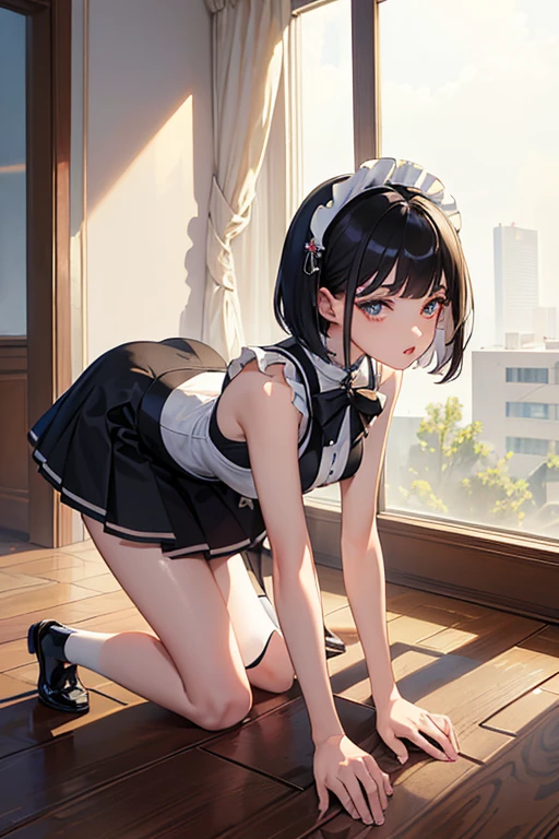 from below:1.3,(((masterpiece, highest quality:1.3))),cowboy shot,20 year old beauty, solo,((very small head)),black hair,short hair,bangs,black eyes,shy,tears,medium breasts,(((very long body,slender body))),skinny,gleaming skin,oily skin,sweat,(japanese maid dress,White collar、White brim、mini skirt、white_thighhighs、incontinence、peeing),squatting,Fallen pitcher、Study、Old big mansion、Natural light、