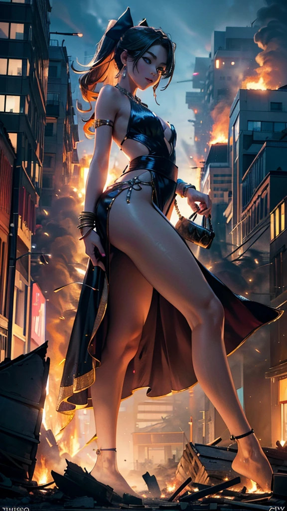 (16k, High resolution, highest quality, masterpiece, 超High resolution), ((Giantess Elements, From the side)), Perfect dynamic composition:1.2, (Modern city at night), Highly detailed skin and facial textures:1.2, (Towering Giant Young Woman:1.0, Higher than skyscrapers:1.0, 50,000 feet tall:1.0, Incredibly slim body:1.0), smile, Fair skin, Sexy beauty, Very beautiful face, (近づいてくる女性をFrom the side見る), (White wide leg jumpsuit:1.0), Shapely breasts, Chest gap, Big eyes that exude beautiful eroticism, Lips that exude beautiful eroticism, necklace, Earrings, bracelet, wedding ring, Shoulder bag, clock, ribbon, Full body portrait, ((Destroy a small town, Burning Small Town, rubble, Destroyed small building, Collapsed highway, Evacuated Residents)), (Major impact, Emphasizing the majesty and power of giants, Increase the destructive element, Lower the building, Making cities smaller)