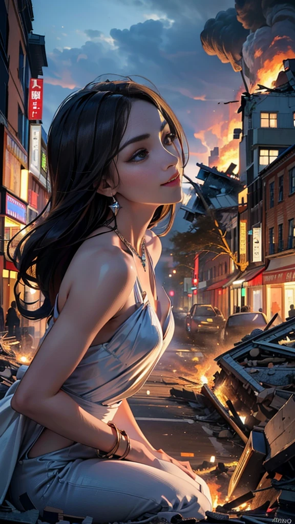 (16k, High resolution, highest quality, masterpiece, 超High resolution), ((Giantess Elements, From the side)), Perfect dynamic composition:1.2, (Modern city at night), Highly detailed skin and facial textures:1.2, (Towering Giant Young Woman:1.0, Higher than skyscrapers:1.0, 50,000 feet tall:1.0, Incredibly slim body:1.0), smile, Fair skin, Sexy beauty, Very beautiful face, (近づいてくる女性をFrom the side見る), (White wide leg jumpsuit:1.0), Shapely breasts, Chest gap, Big eyes that exude beautiful eroticism, Lips that exude beautiful eroticism, necklace, Earrings, bracelet, wedding ring, Shoulder bag, clock, ribbon, Full body portrait, ((Destroy a small town, Burning Small Town, rubble, Destroyed small building, Collapsed highway, Evacuated Residents)), (Major impact, Emphasizing the majesty and power of giants, Increase the destructive element, Lower the building, Making cities smaller)