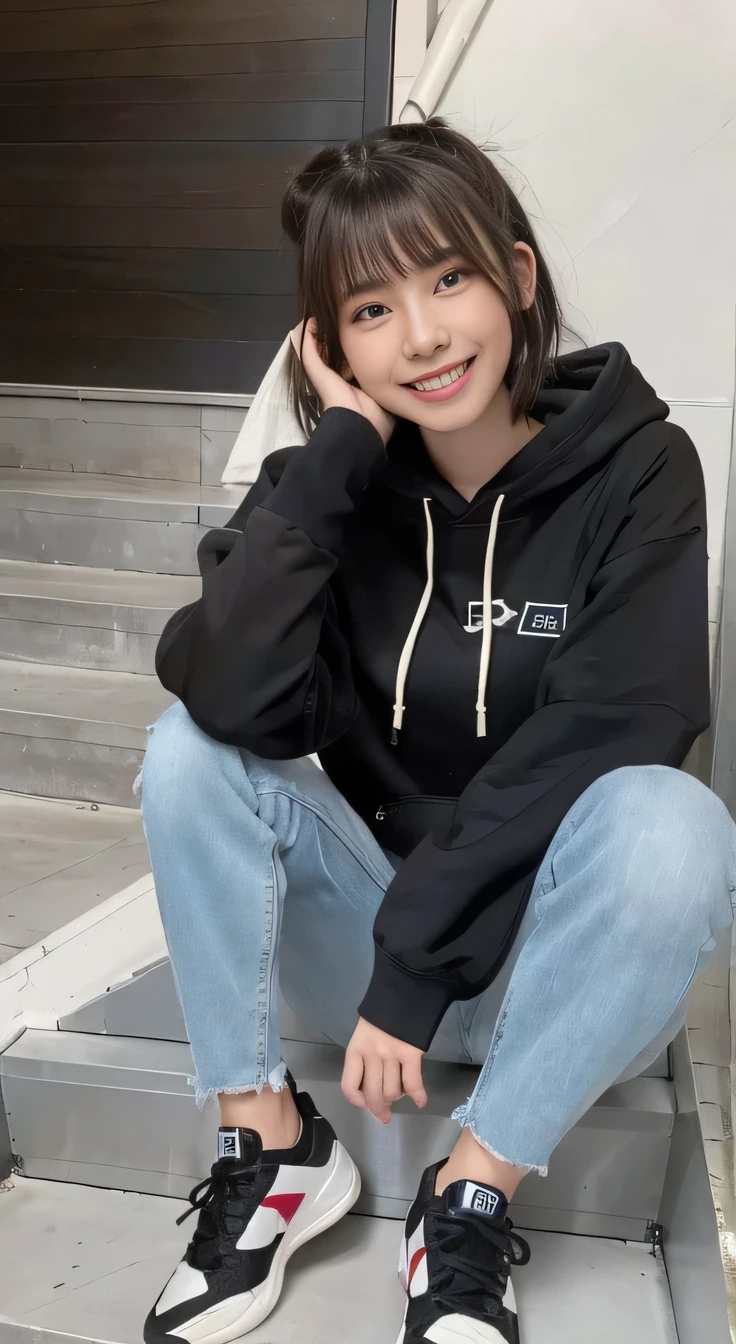 highest quality, Realistic, Very detailed, Finer details, High resolution, 8k wallpaper, One beautiful woman,Sit on the stairs、(Wear black socks)smile、(Beautiful teeth alignment、)(Gums are visible) Oversized hoodie, Skinny jeans,( Black sneakers)、Black Hair、 Beautiful Bangs、ear piercing、Perfect dynamic composition, Beautiful and detailed, Full Body Shot, A big smile waiting to start