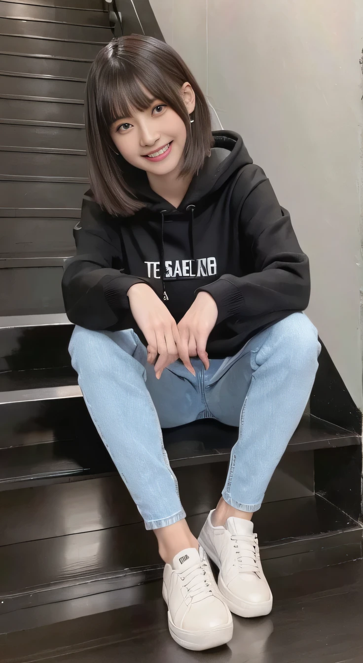 highest quality, Realistic, Very detailed, Finer details, High resolution, 8k wallpaper, One beautiful woman,Sit on the stairs、（Wear black socks）smile、（Beautiful teeth alignment、）（Gums are visible） Oversized hoodie, Skinny jeans,（ Black sneakers）、Black Hair、 Beautiful Bangs、ear piercing、Perfect dynamic composition, Beautiful and detailed, Full Body Shot, A big smile waiting to start 
