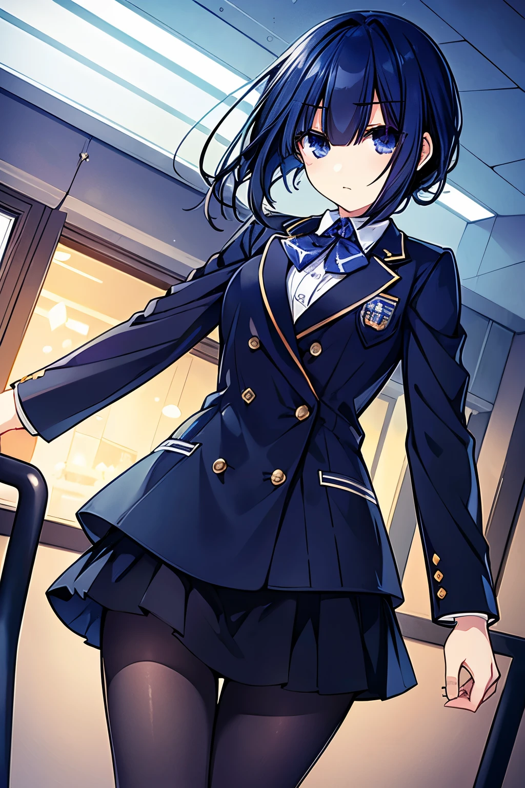 Masterpiece, best quality, 1girl, finely detailed, dark blue hair, shor hair with choppy cuts, black eyes, sweet, cold look, expressionless clothes: student uniform and scuare lenses, inside a school in the background
