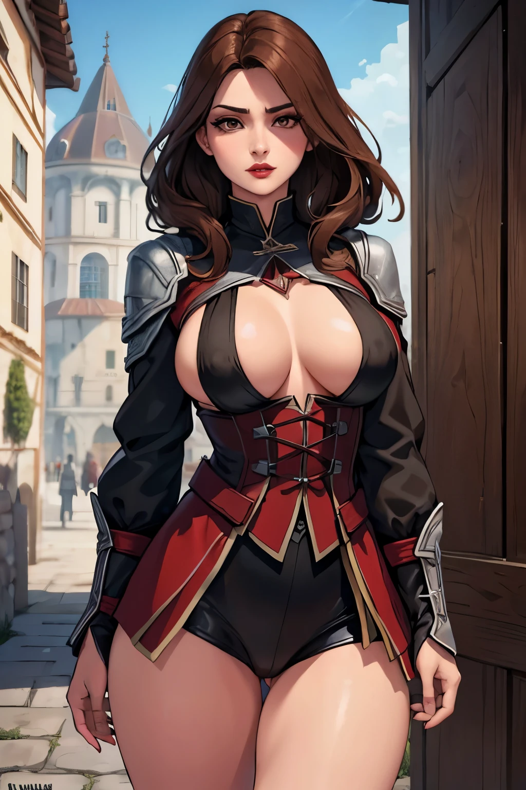 La mujer, Стиль Assassin's Creed, ropa corta, poca ropa, botas hasta la rodilla, Pulseras en las piernas, Ciudad medieval al fondo, Renacimiento,, noche, muy detallado, Realistic long-term photography., 4k, pelo largo, brown hair, By the chestnut, labios rojos,sexy,red lips, brown eyes, big breasts, pechos grandes, breasts Chica con traje de Assassin&#39;s Creed Altair con capucha, Assassin symbol&#39;s Creed en la cintura, capucha, mascara, carnaval