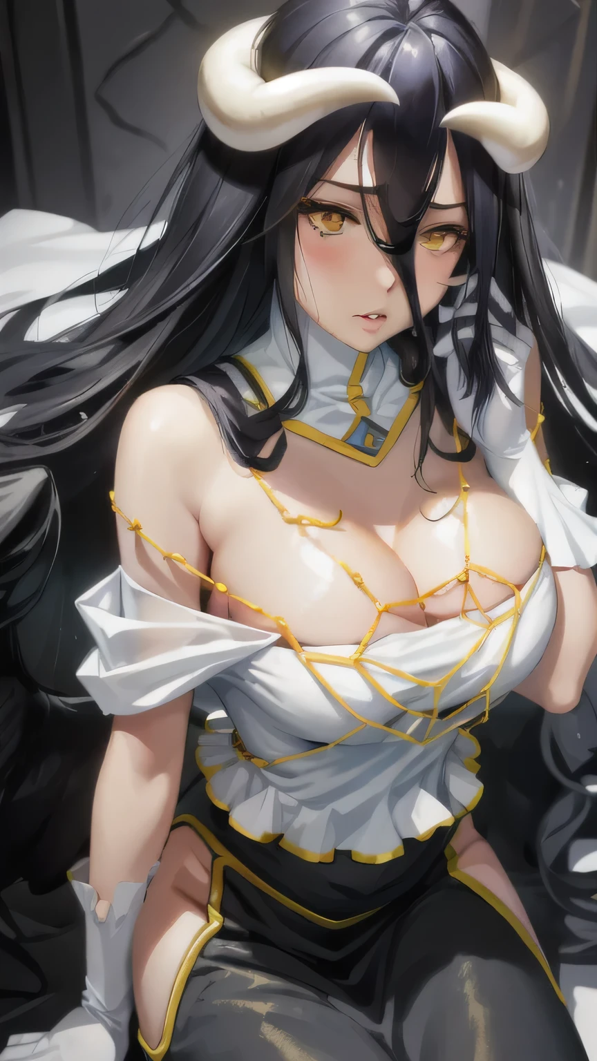 masterpiece, highest quality, Very detailed, figure, Spectacular lighting, Structure of the film, Isoscale,(Hexahorn:1.2), One girl, horn, alone, Yellow Eyes, Black Hair, Long Hair, (Low Wing:1.2), elongated pupils, Cleavage, Exposing shoulders, Hair between the eyes, Medium chest, (Jet Black Dress:1.1), (((((Gorgeous Dress))))), Detachable collar, Sitting, Kneel, View your viewers, Half-closed eyes, (View your viewers:1.1), Lips parted, blush, Black feathers fall, Audience Room, Particle Effects, (8k:1.1)