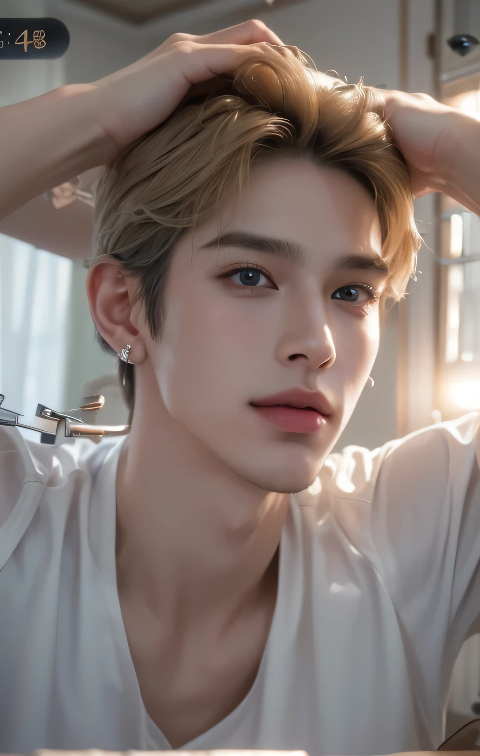 ((highest quality, 8K, masterpiece: 1.3)), Handsome boy 、20-year-old、Delinquent boy、 Laugh with your mouth wide open、Looks happy、Beautiful teeth、White teeth、Upper Body、well-groomed face, blond color、teeth、thin face、(white skin:1.5)、blue eyes、boy with makeup、Super handsome、laugh suspiciously、sexy eyes、Extra-fine face, handsome nose, small eyes and face, beautiful lighting, High resolution, detailed mouth, smile, whole body: 1.5, perfect body shape、super slim,Midial Hair、pointed hair、korean idol fashion、pattern shirt、 Silver earringspiercing