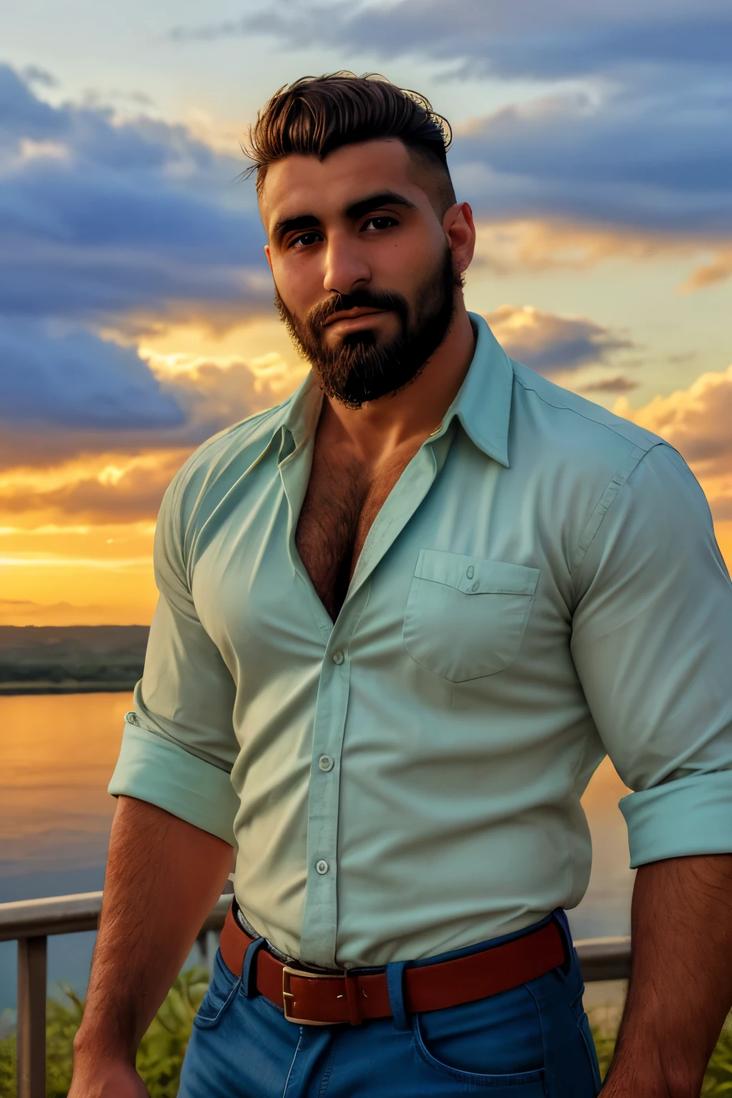 cito, photograph of, a handsome 30yo male, (in clouds), natural light, sharp focus, vivid colours, skin texture, beard, unbuttoned shirt,