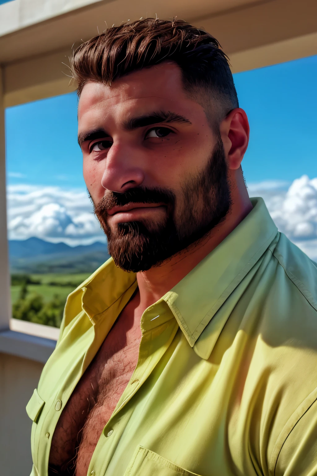 cito, photograph of, a handsome 30yo male, (in clouds), natural light, sharp focus, vivid colours, skin texture, beard, unbuttoned shirt,