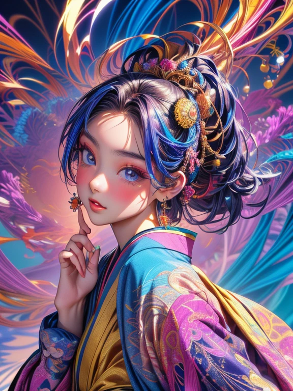 (masterpiece, highest quality, highest quality, Official Art, beautifully、aesthetic:1.2), (1 girl:1.3), Very detailed,(Fractal Art:1.1),(colorful:1.1),Most detailed,(Tangled:1.2), (Dynamic pose), (Abstract background:1.5), (Japanese Clothing:1.2), (Shiny skin), (Many colors:1.4), ,(Earrings:1.4),