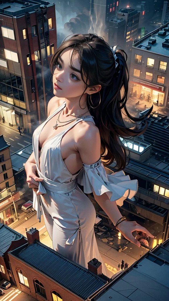 (16k, High resolution, highest quality, masterpiece, 超High resolution), ((Giantess Elements, From above)), Perfect dynamic composition:1.2, (Modern city at night), Highly detailed skin and facial textures:1.2, (Towering Giant Young Woman:1.0, Higher than skyscrapers:1.0, 50,000 feet tall:1.0, Incredibly slim body:1.0), smile, Fair skin, Sexy beauty, Very beautiful face, (Side view of approaching woman), (White wide leg jumpsuit:1.0), Shapely breasts, Chest gap, Big eyes that exude beautiful eroticism, Lips that exude beautiful eroticism, necklace, Earrings, bracelet, wedding ring, Shoulder bag, clock, ribbon, Full body portrait, ((Destroy a small town, Burning Small Town, rubble, Destroyed small building, Collapsed highway, Evacuated Residents)), (Major impact, Emphasizing the majesty and power of giants, Increase the destructive element, Lower the building, Making cities smaller)