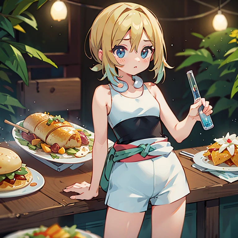 Mexican woman eating tacos, Mexican food stall tortillas and nachos　Under the poncho is a tight tank top and hot pants.　highest quality　Tequila and Corona beer on the table　String Panties