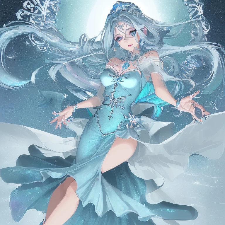 (mulher magra), (seios pequenos), (albina), (heterocromia), (vestido azul escuro com glitter), (dress up to the feet), (cabelo branco), (cabelo algurandos quadris), (olho esquerdo castanho), (olho direito azul)