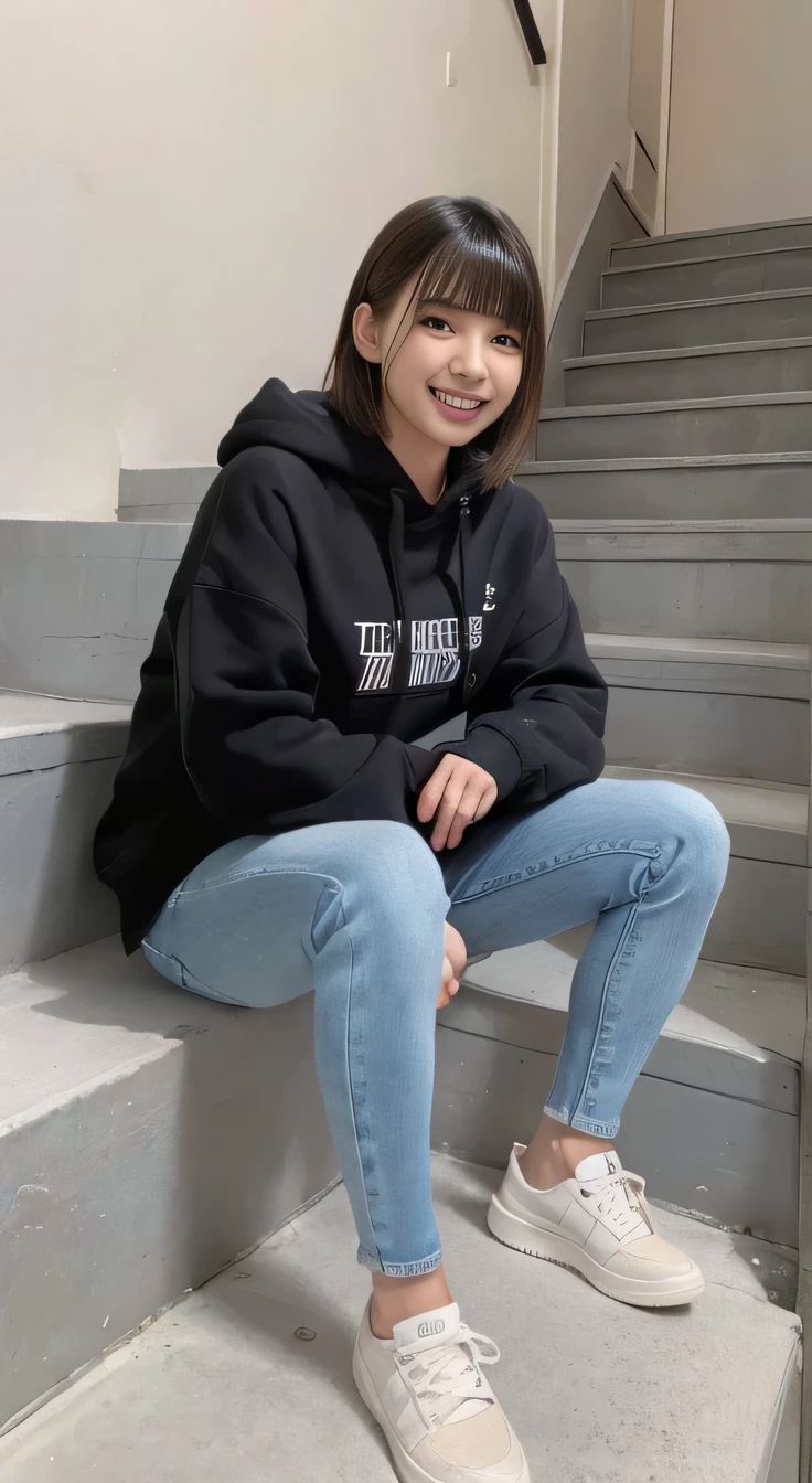 highest quality, Realistic, Very detailed, Finer details, High resolution, 8k wallpaper, One beautiful woman,Sit on the stairs、(Wear black socks)smile、(Beautiful teeth alignment、)(Gums are visible) Oversized hoodie, Skinny jeans,( Black sneakers)、Black Hair、 Beautiful Bangs、ear piercing、Perfect dynamic composition, Beautiful and detailed, Full Body Shot, A big smile waiting to start