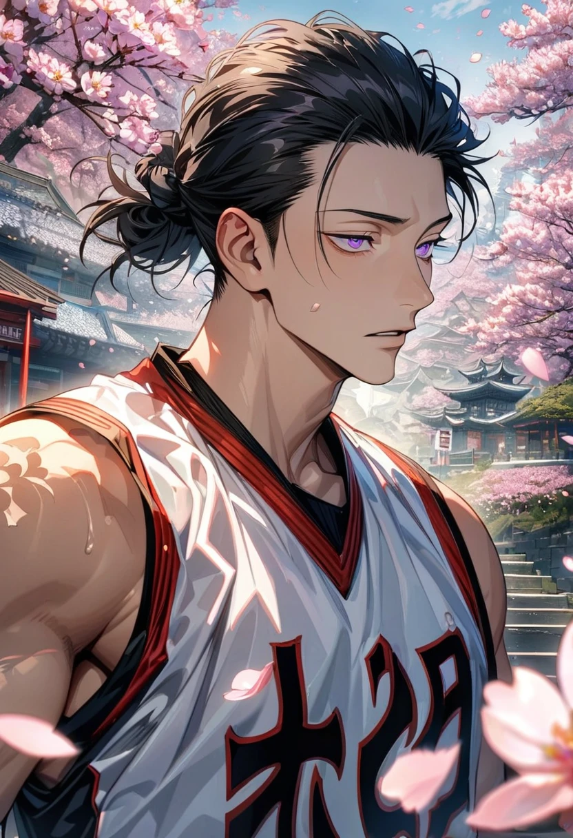 Ultra detailed, Highres, HDR, absurdres, Geto Suguru, black hair tied in a bun, expressive purple eyes, patterns, Jujutsu Kaisen, sexy man, handsome, solo, extremely detailed face and eyes, petals, blossoms, spring, master piece, basketball uniform, cherry blossoms