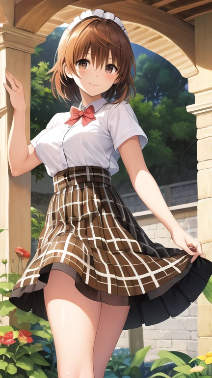 Highest quality、、masterpiece、Real:1.3 )、( A classical and elegant garden with a castle as a backdrop )、( Very high quality deep background : 1.2 )、Natural bright sunlight、Blue sky、smile、Beautiful woman with perfect figure:1.4、Highly detailed face and skin texture、Detailed eyes、double eyelid、Very far : 1.2 、The whole body is visible、White and black maid、Ruffled blouse、Ruffled mini skirt、Ribbon tie、apron、High heels 、((( Lift skirt to show off panties : 1.3 )))。((Thighs))、Red lipstick、