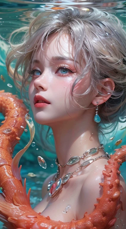 low-girl, 10yoincess of dragon, (Highest quality authentic textured skin),(abyssal),(Fine, Round, Symmetrical eyes),Delicate facial features,(Burning bright and cold eyes), she have beautiul tiger eyes, very slim and thin body, naked, nude, (She has a mischievous smile on her face),(Her face is gentle and beautiful),Glass earrings on the ears,,(Blonde hair),(silvery white hair),(Maroon hair),(Swim at the bottom of the sea),(Full body portrait:1.5),(Dramatic photo:1.4),(dramatic pose),(flamboyant photo)(facing up),(Looking down),(Around her neck hangs a simple necklace of exquisite craftsmanship),A messy painting,(Hair flows in water:1.5),(Underwater, Marine life, Beautiful coral reef, Fish),(Vortices and tidal currents in the background),(Dramaticlight),(Magnificent scene),(Surrounded by beautiful dragon),In the distant background is a temple submerged in a coral reef,the reef,Epic realism,Cinematic feeling,(high-density imaging review:1.5),(Soft color:1.2),Ultra detailed,Dramaticlight,(intricately details:1.1),the complex background,