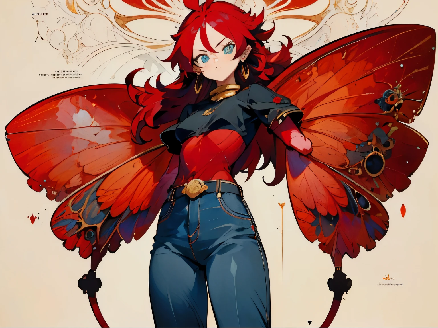 (((Good Quality))), (((High quality))), Blue Eyes, Red Hair, Long hair to the waist, Black Baggy Jeans, Style Dragon Ball, Red Skin, Robotic Body, Robotic Skin, Red Body, Butterfly wings, Butterfly wings behind the back, Red butterfly wings