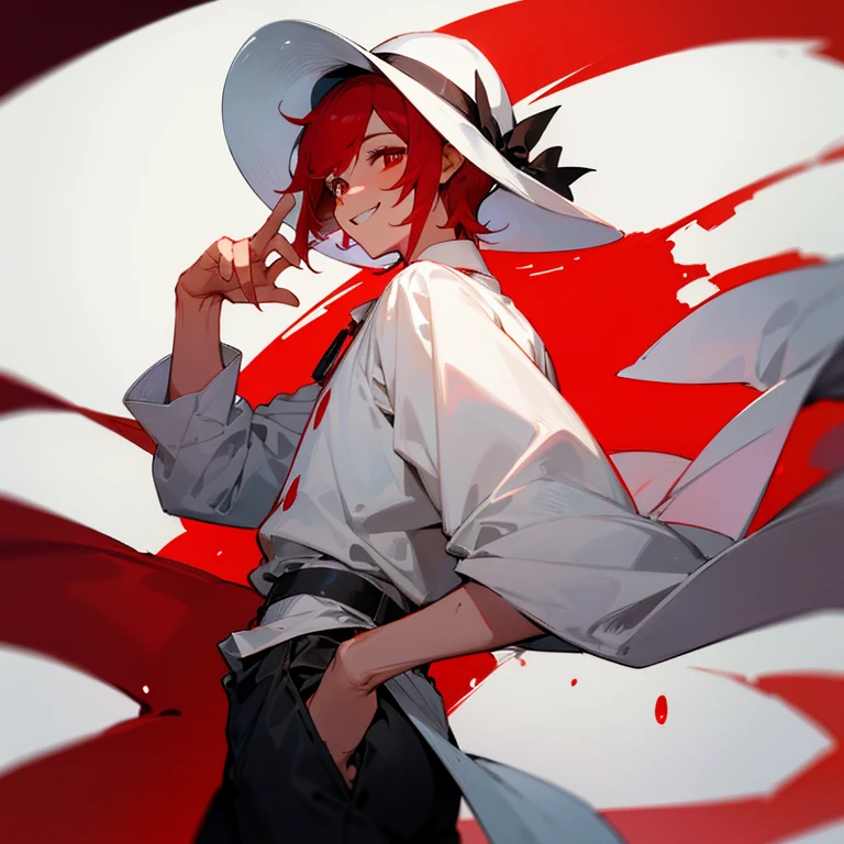Human male, white shirt with red accents, black sweat pants, white sun hat with wide brim, red pupils, smile, short crimson hair.
