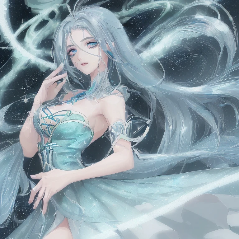 (mulher magra), (seios pequenos), (albina), (heterocromia), (vestido azul escuro com glitter comprido), (cabelo branco), (cabelo algurandos quadris), (olho esquerdo castanho), (olho direito azul)
