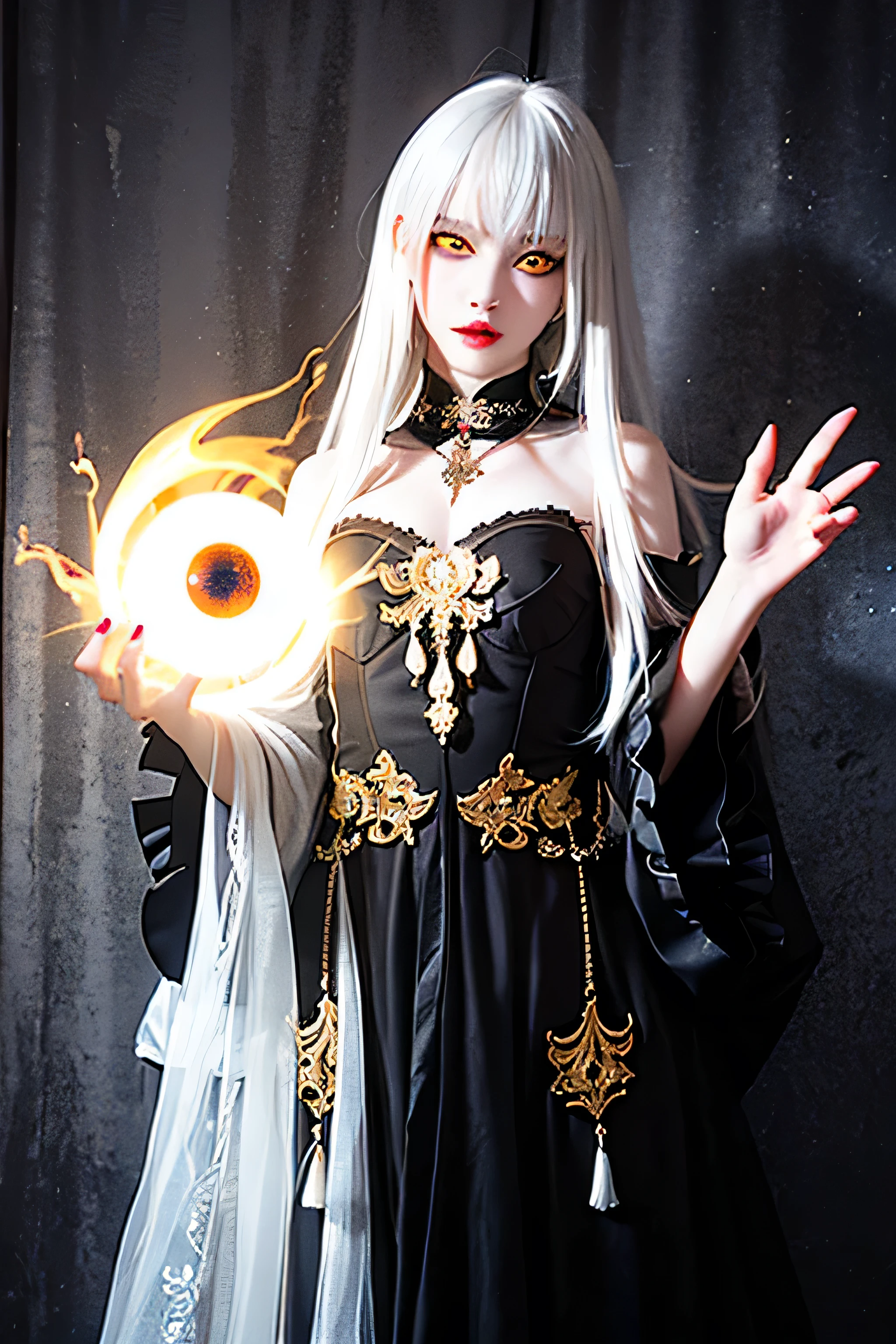 (best quality, high resolution, ultra-detailed), A scary girl, full body, pale skin, (long white hair) and crazy, (((golden eyes))), dark and mysterious appearance, iron nails,(( white hair)) gothic aura, evil smile, demonic presence, dark shadow, black lipstick, frighteningly beautiful, frightening atmosphere, penetrating gauze, intense expression, shrouded in shadows, threatening aura, dressed in black, frightening vibration, sinister presence, mystical background , distorted creativity, frighteningly elegant, mesmerizing presence, enchanted darkness, sinister vibration, devilish charm, fierce and powerful, ethereal beauty, macabre charm, intoxicating allure, magical aura, imposing presence