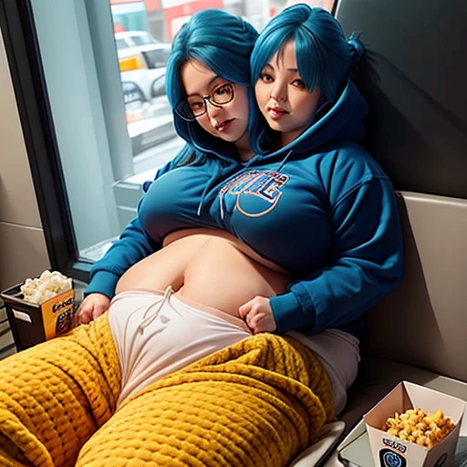 Beautiful two headed excessively fat girl with blue hair laying on her stomach and breasts in form fitting sweatpants and a hoodie. She’s embarrassed that she accidentally shit her pants She has snacks and popcorn that she is eating with only one of her two heads