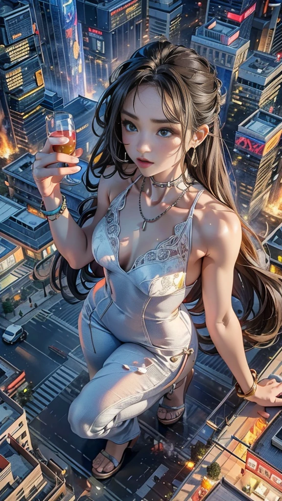 (16k, High resolution, highest quality, masterpiece, 超High resolution), ((Giantess Elements, From right above)), Perfect dynamic composition:1.2, (Modern city at night), Highly detailed skin and facial textures:1.2, (Towering Giant Young Woman:1.0, taller than a skyscraper:1.0, 50,000 feet high:1.0, Incredibly slim body:1.0), smile, Fair skin, Sexy beauty, Very beautiful face, (Looking down at the approaching woman), (White wide leg jumpsuit:1.0), Shapely breasts, Chest gap, Big eyes that exude beautiful eroticism, Lips that exude beautiful eroticism, necklace, Earrings, bracelet, wedding ring, Shoulder bag, clock, ribbon, Full body portrait, ((Destroy a small town, Burning Small Town, rubble, Destroyed small building, Collapsed highway, Evacuated Residents)), (Major impact, Emphasizing the majesty and power of giants, Increase the destructive element, Lower the building, Making cities smaller)