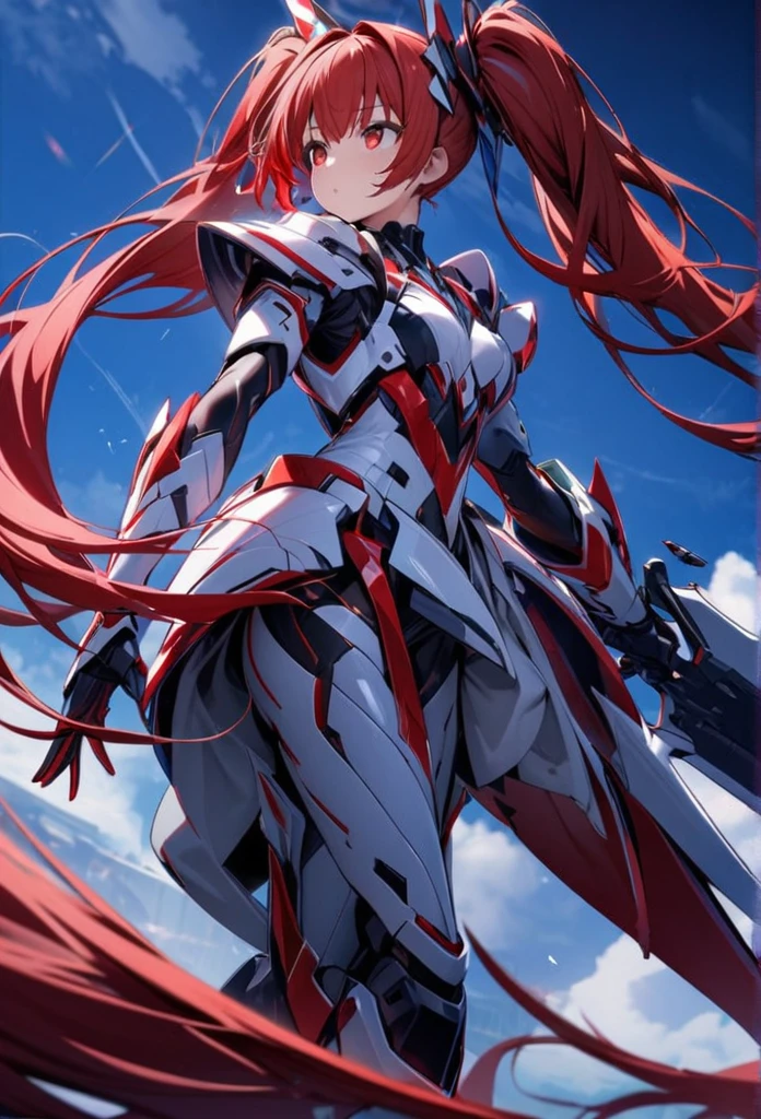 High quality, high definition, hig
h precision images,8k 1 Girl Robot Girl、red hair,Twin tails,Red eyes ,(red and white clothing Hold it with one hand),,He's wearing flashy robot armor.Holding a red and white long sword,、Blue sky.Flying in the sky,Figure moving at high speed side view,shot from a distance
protector for face and head,show the whole body
