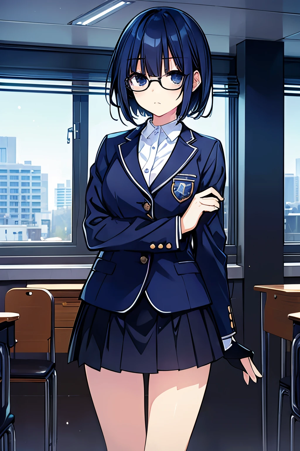 Masterpiece, best quality, 1girl, finely detailed, dark blue hair, short and scuare hair with choppy cuts, black eyes, sweet, cold look, use glasses, expressionless clothes: student uniform, inside a school in the background