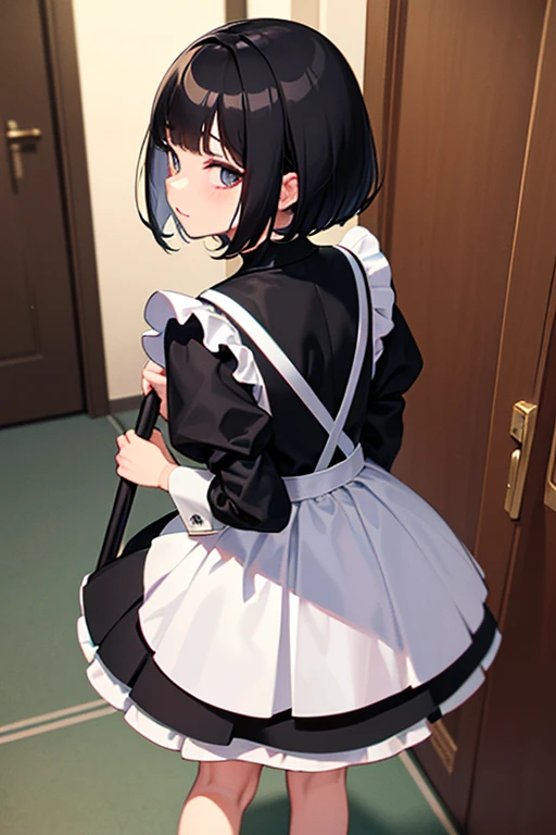 (masterpiece, highest quality, highest quality, Official Art, Cosmetology and aesthetics: 1.2), Bobcut, Black Hair,Short skirt maid outfit, Crossdresser,Cute, delicate and short, all fours, cleaning,from above, from behind,Luxury House,corridor