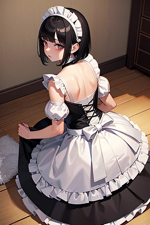(masterpiece, highest quality, highest quality, Official Art, Cosmetology and aesthetics: 1.2), Bobcut, Black Hair,Short skirt maid outfit, Crossdresser,Cute, delicate and short, all fours, cleaning,from above, from behind,Luxury House,corridor