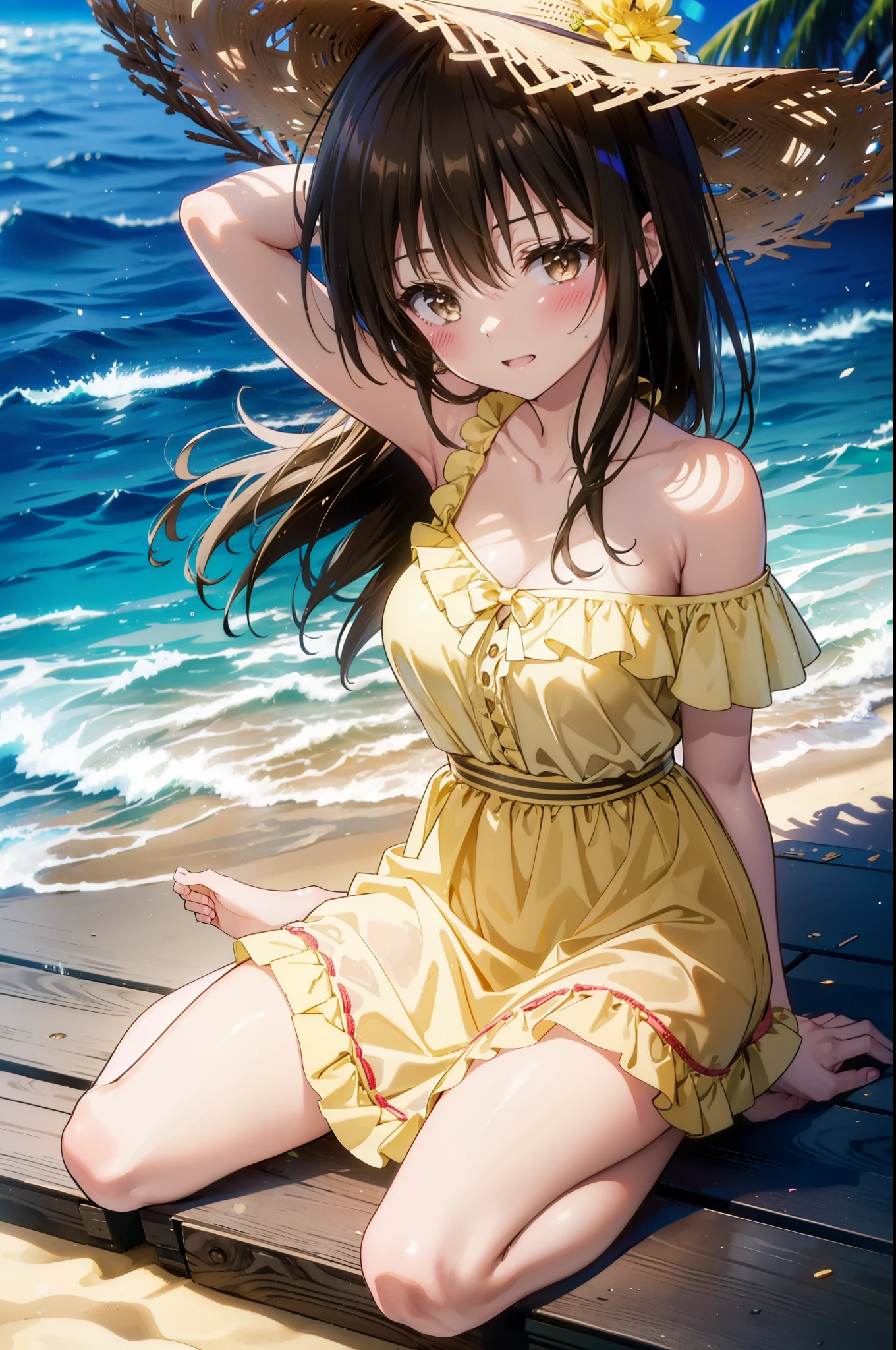 yuikotegawa, Yui Kotegawa, Black Hair, (Brown eyes:1.5), Long Hair,happy smile, smile, Open your mouth,blush,Big Breasts,Big straw hat,Off-the-shoulder sleeveless dress,bare clavicle,Bare neck,Bare arms,Bare shoulders,Long skirt,barefoot,Daytime,Clear skies,Palm tree,Sandy Beachを散歩している,whole bodyがイラストに入るように,
break outdoors, Beach,Sandy Beach,
break looking at viewer, whole body,
break (masterpiece:1.2), highest quality, High resolution, unity 8k wallpaper, (figure:0.8), (Beautiful fine details:1.6), Highly detailed face, Perfect lighting, Highly detailed CG, (Perfect hands, Perfect Anatomy),