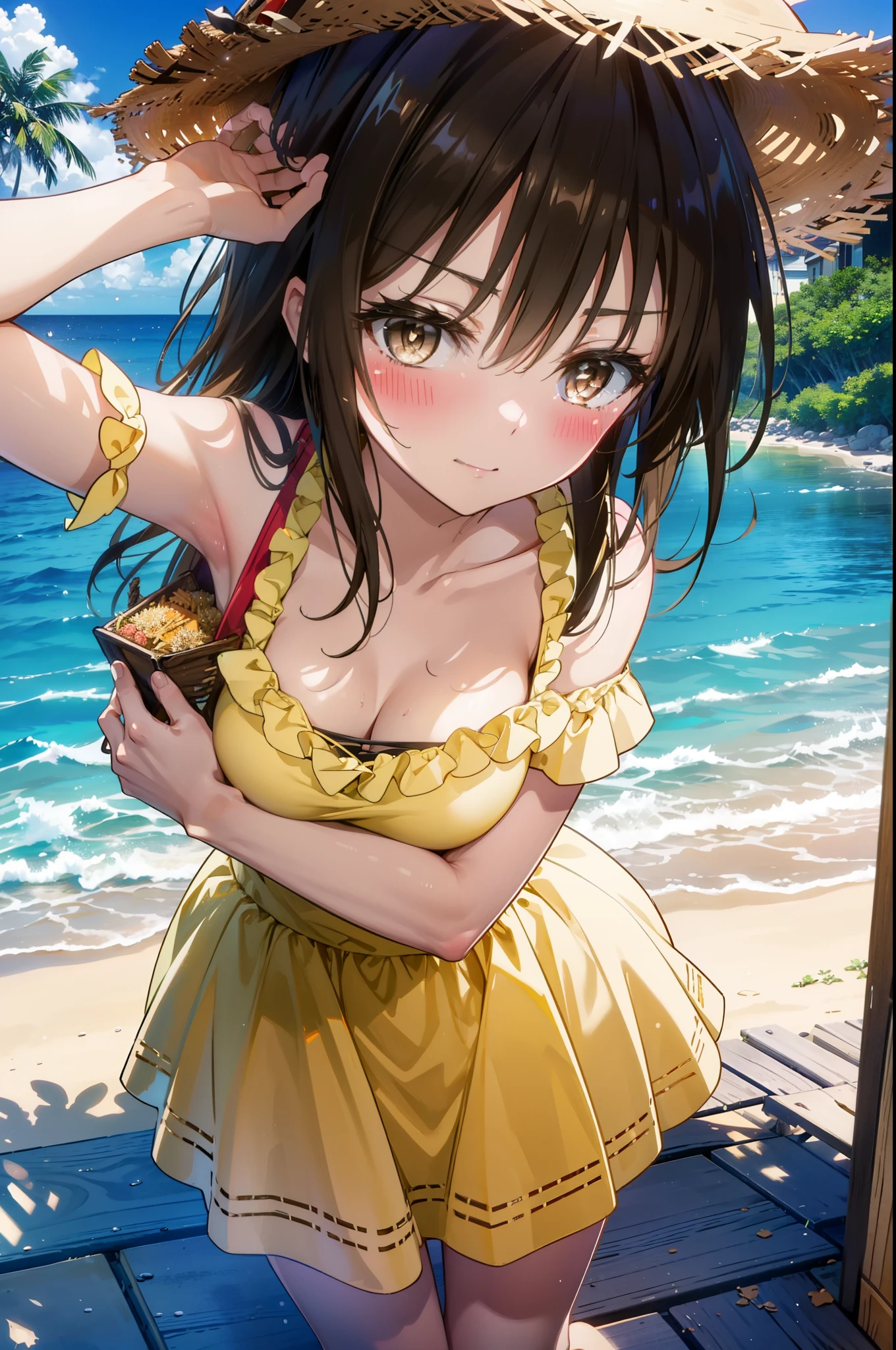 yuikotegawa, Yui Kotegawa, Black Hair, (Brown eyes:1.5), Long Hair,happy smile, smile, Open your mouth,blush,Big Breasts,Big straw hat,Off-the-shoulder sleeveless dress,bare clavicle,Bare neck,Bare arms,Bare shoulders,Long skirt,barefoot,Daytime,Clear skies,Palm tree,Sandy Beachを散歩している,whole bodyがイラストに入るように,
break outdoors, Beach,Sandy Beach,
break looking at viewer, whole body,
break (masterpiece:1.2), highest quality, High resolution, unity 8k wallpaper, (figure:0.8), (Beautiful fine details:1.6), Highly detailed face, Perfect lighting, Highly detailed CG, (Perfect hands, Perfect Anatomy),