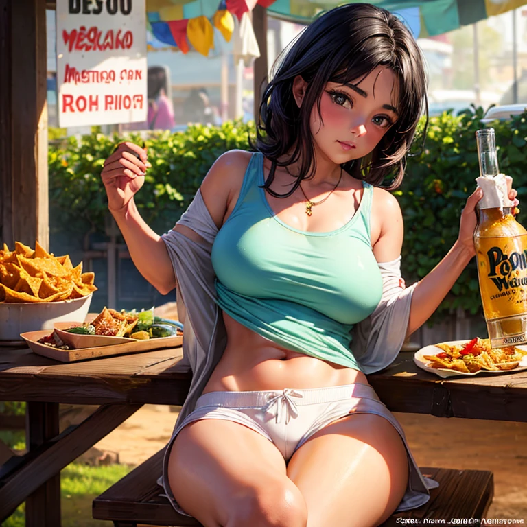 Mexican woman eating tacos, Mexican food stall tortillas and nachos　Under the poncho is a tight tank top and hot pants.　highest quality　Tequila and Corona beer on the table　String Panties