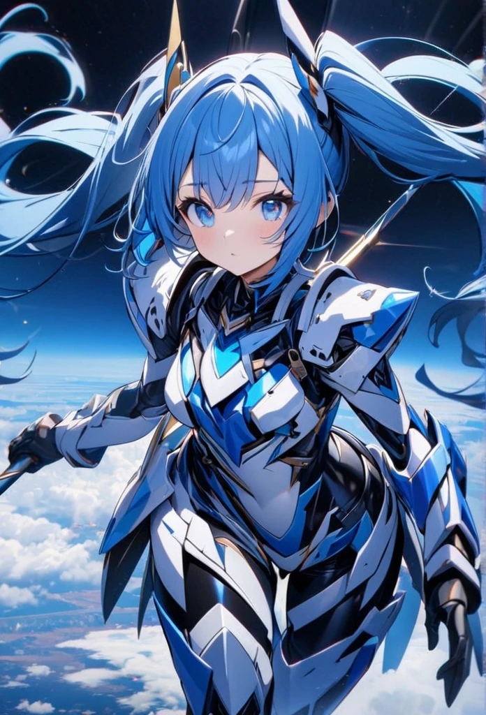 High quality, high definition, hig
h precision images,8k 1 Girl Robot Girl、Blue hair,Twin tails,blue eyes(,Flying in the sky),
、With a White and blue, spear,Blue and white clothing,He's wearing flashy robot armor.Full-body view

