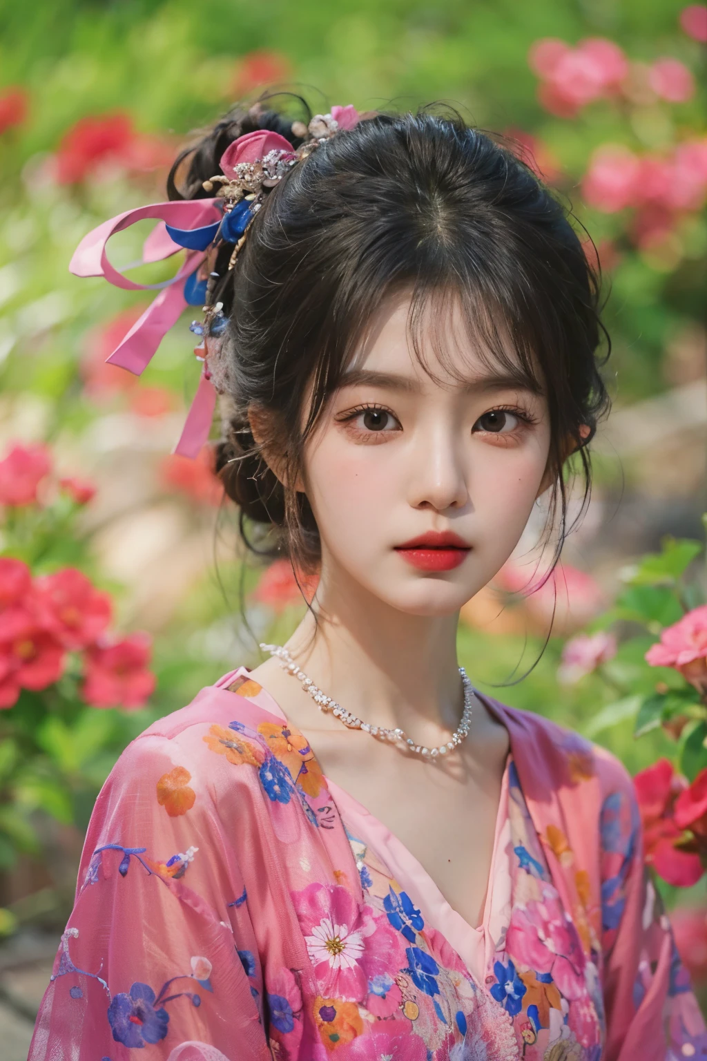 Portrait of a Korean woman with a dreamy background, (Highly detailed facial expressions), Fashionable Korean women,