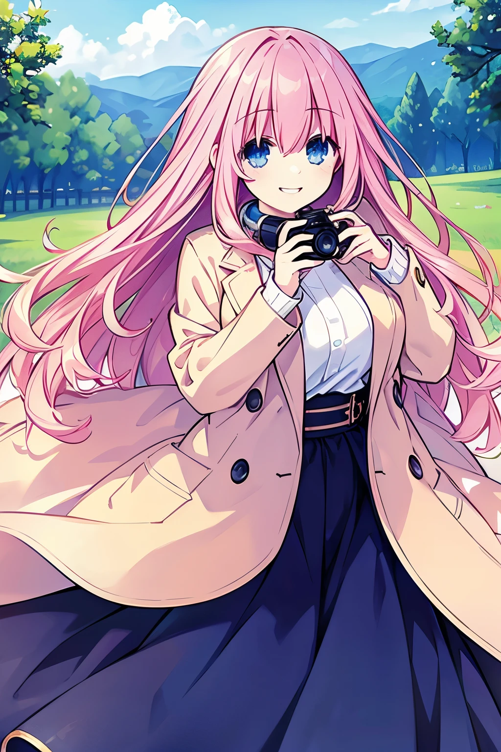 Masterpiece, best quality, 1girl, finely detailed, pink hair, long wavy hair, blue eyes, sweet, cute, smiling eyes, happy, big grin clothes: sweater with a loose jacket and skirt, voluptuous body, outdoors with a camera